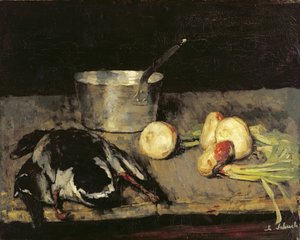Stilleven met braadpan en wilde eend